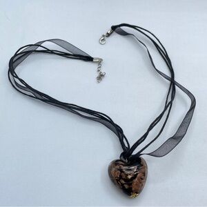 Black Gold Murano Style Glass Heart Pendant Necklace Ribbon Cord
